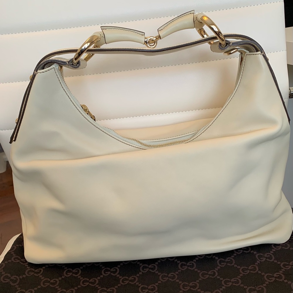 Authentic Gucci Cream Horsebit Hobo Bag
